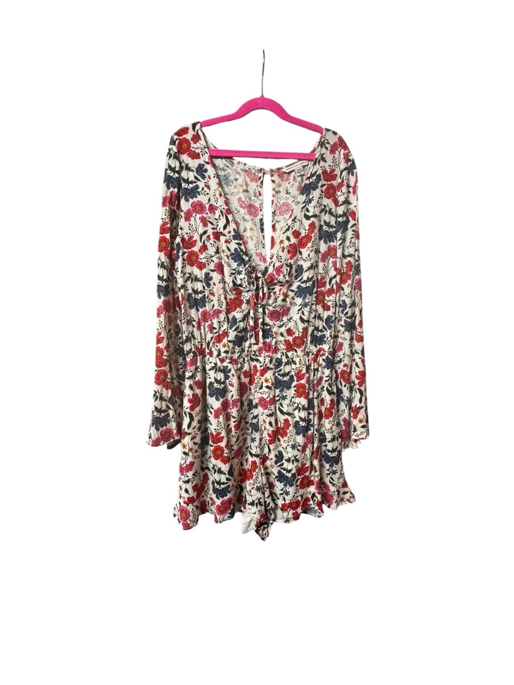 American Eagle Outfitters Cream Floral V-Neck  Romper with Red & Navy Flowers